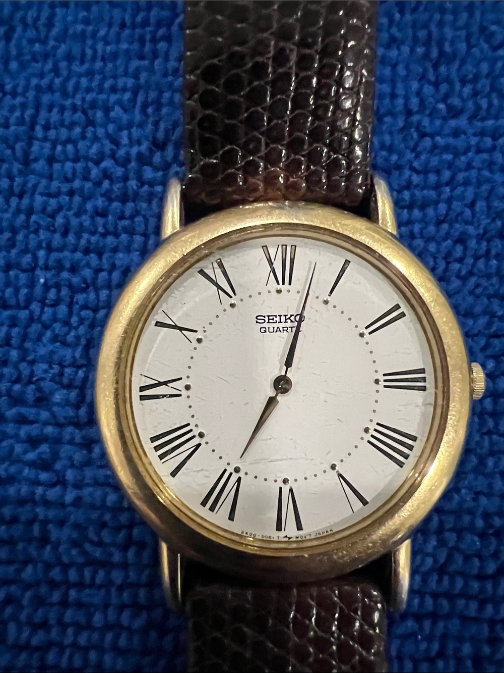 Seiko Gold-Tone Round Watch with White Dial and Brown Leather Strap